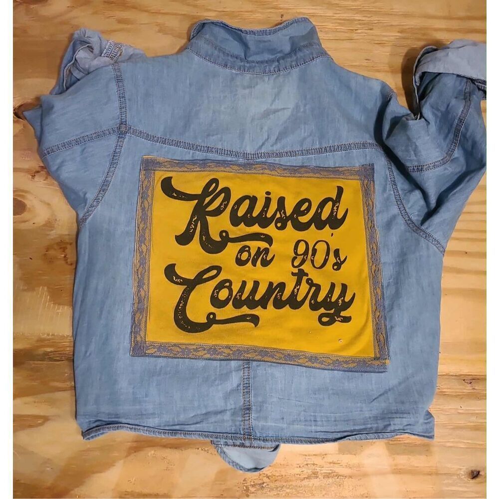 Feelin Groovy Upcycled Raised on 90’s Country Denim Tie Front Long Sleeve Top Sm